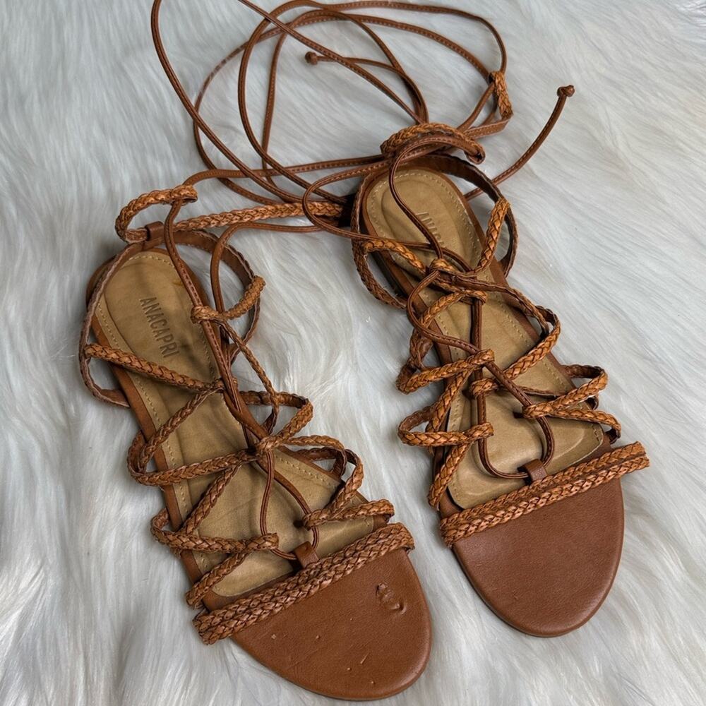 Anacapri Tan Braided Leather Ankle Wrap Gladiator Sandals